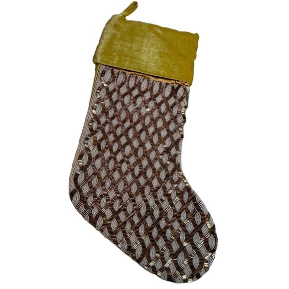 Velvet & Beaded Christmas Stocking 18 Inch Gold & White Elegant Holiday Decor - Picture 1 of 6